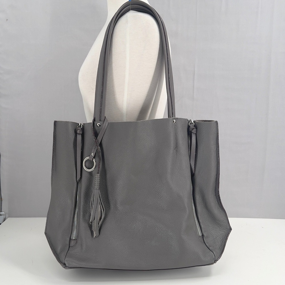 Sanctuary Anthropologie Womens Large Pebbled Leather Tote Grey Tassel Zip OS